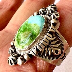 Navajo Turquoise Ring Sz 7 Sonoran Gold Sterling Benally Native American Stars